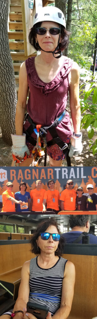 Group of runners in orange shirts at Ragnar Trail event with awards and gear.